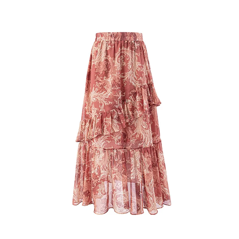 

YENKYE Women's Floral Print Tiered Ruffle A-line Midi Skirt Elastic Waist Flowy Boho Holiday Summer Skirts
