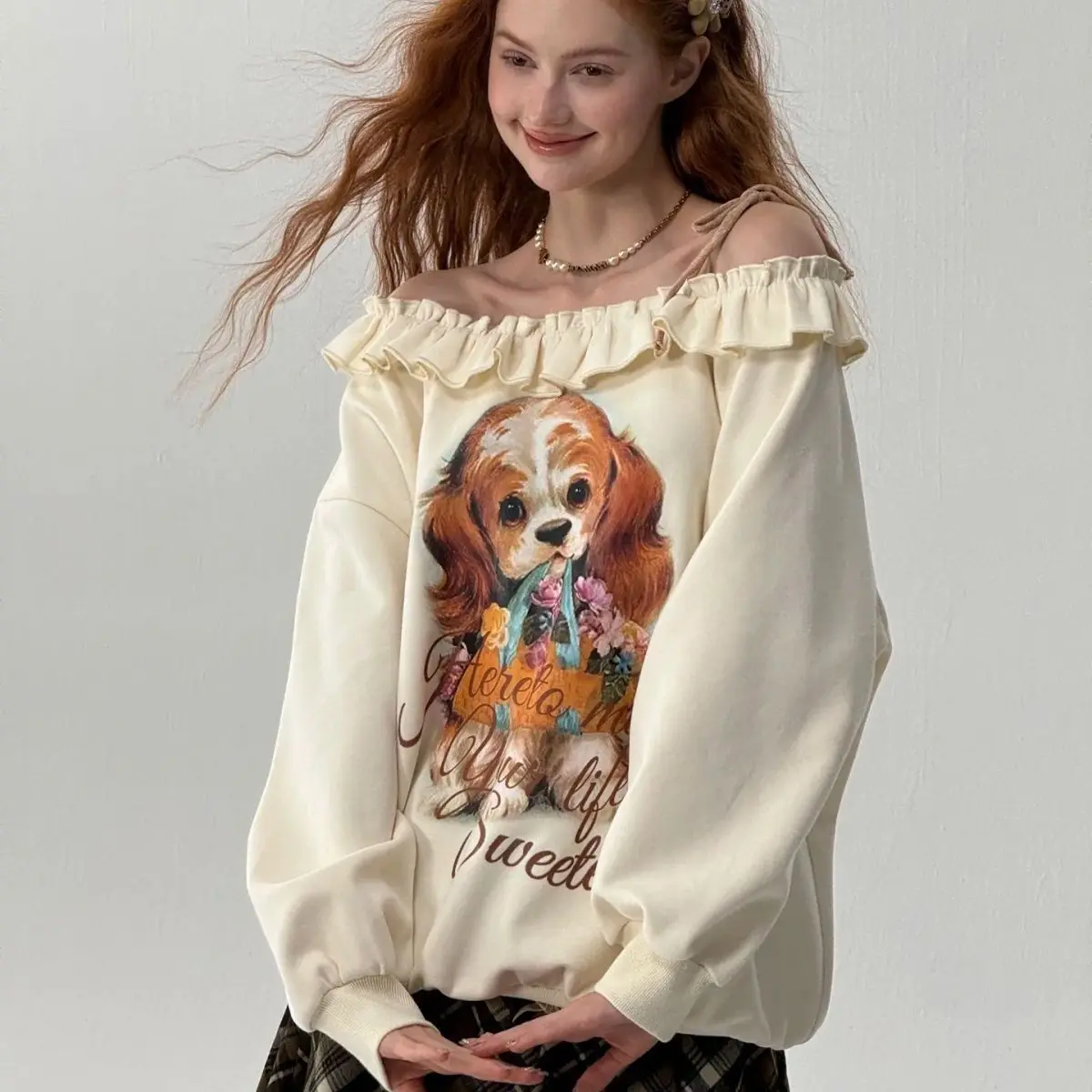 

Pullover Sweatshirt Slant Collar Off-Shoulder Puppy Print American Retro Coat Spring And Autumn Top Loose Sweatshirt