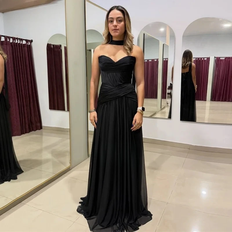 

2026 Black Chiffon Evening Dress Strapless Long A Line Sleeveless Vestidos De Festa Elegante Robe De Soirée Femme Customized