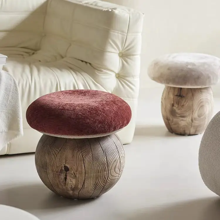 Modern Mushroom Ottoman Solid Wood Wabi-Sabi Style Entryway Shoe Stool Living Room Shoe Bench