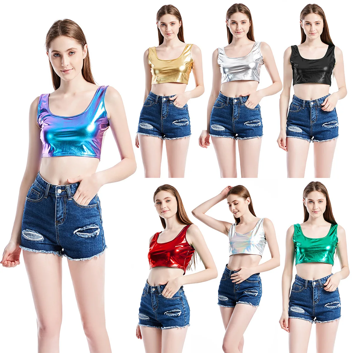 

2023 Summer 7 Candy Solid Colors Short Tank Top Women Metallic Night Life Clubwear Crop Tank Tops Vest Sleevless Camisole