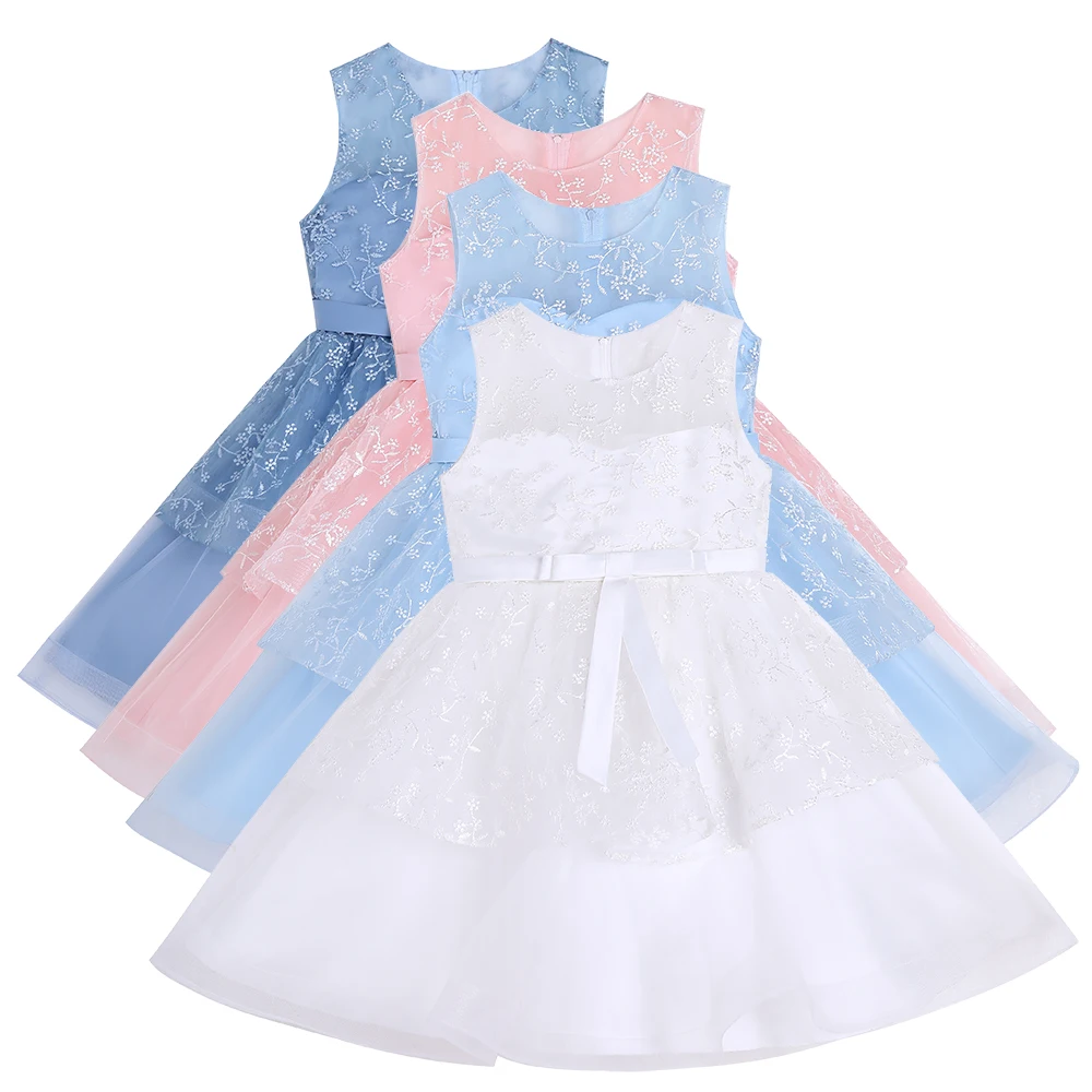 Summer White Pink Blue Lace Kids Junior Princess Flower Girls Dress Birthday Wedding Party Gown for 3-12 Year Old Girls