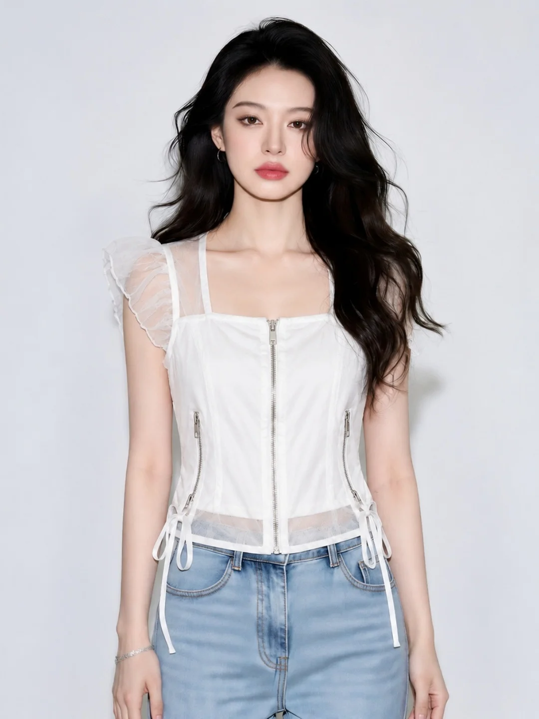 Fashionable Zipper Slim Fit Top with Flying Sleeve Design Korean Style Commute Silk Material Short Sleeve Square Collar