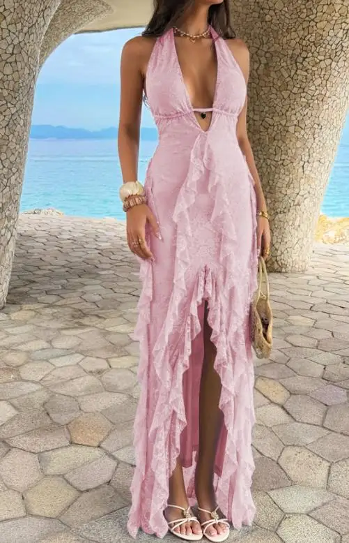 

Women Dresses 2026 Spring Summer New Solid Color Elegant Deep V Hanging Neck Ruffles Design Sexy Backless Vacation Long Dress