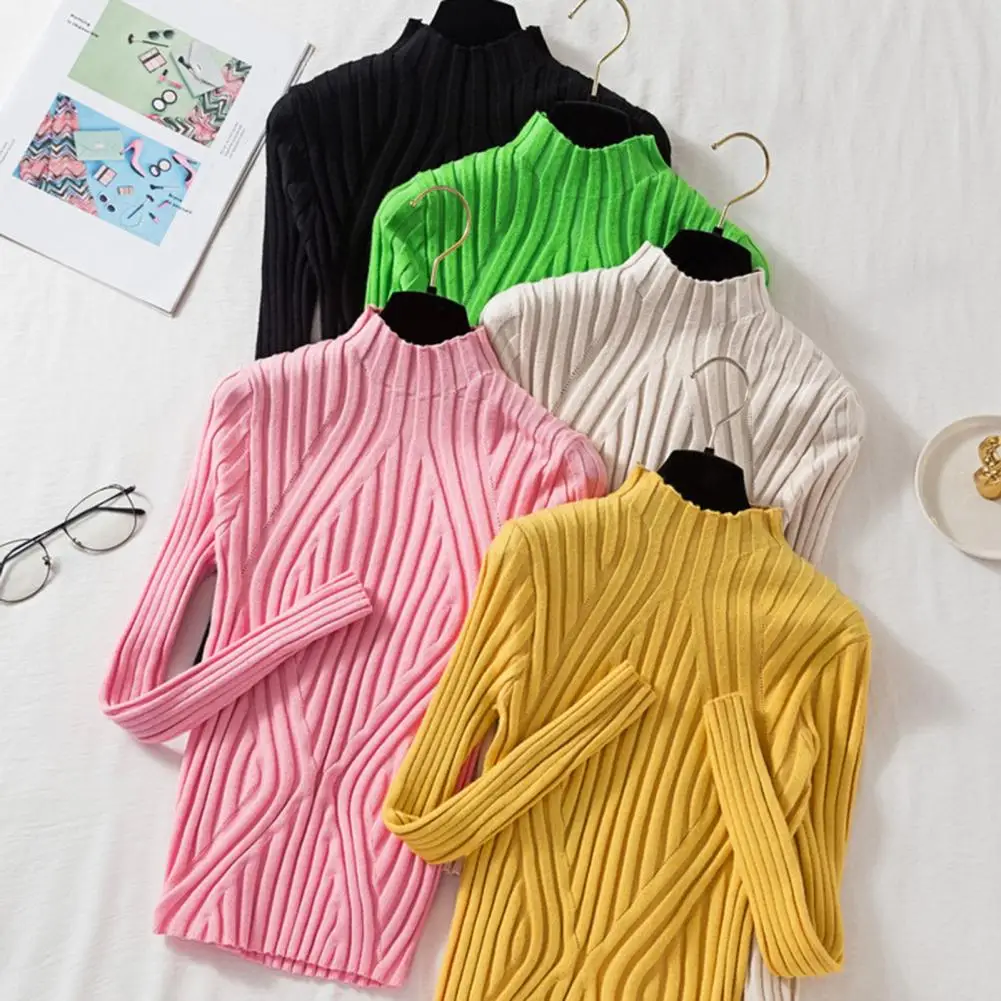 Women Knitting Tops Half High Collar Long Sleeve Slim Fit Pullover Tops Solid Color Lines Texture Autumn Winter Sweater