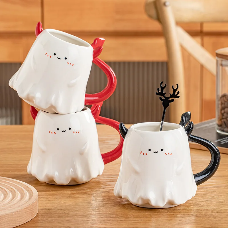 1pc 16oz Large Ceramic Halloween Devil Mug Adorable Cartoon Ghost Elf Kawaii Elves Porcelain Tea Cup Drinkware Gift for Kids