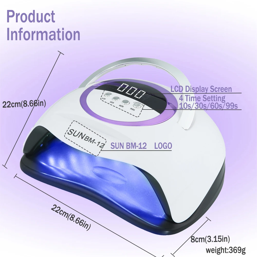 SUN BM-12 Nageldroger Gel Nagellak Uithardend LED UV-licht met 4 timers Automatische sensor LCD-scherm Professionele nagelkunstgereedschappen