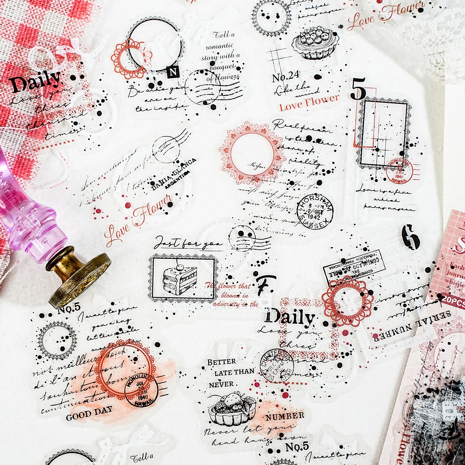 エトリライフ レース縁 シンプルな英語ラベル柄 透明ペットステッカー DIYフォトアルバム、スクラップブッキング用品、ノート、携帯電話ステッカー、水筒、荷物、部屋の装飾、子供用ギフトバッグ、おもちゃステッカー、小さなギフト用