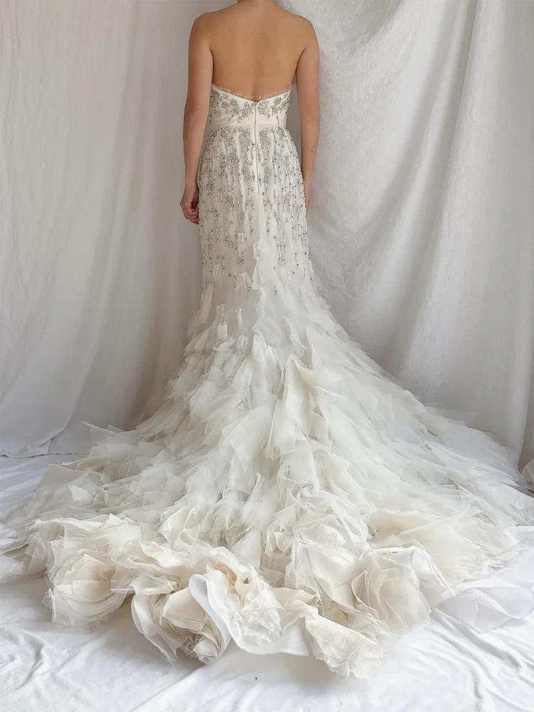 

Luxury Strapless Sequined Appliquins Sleeveless Mermaid Bride Wedding Dresses Bridal Gowns Customized