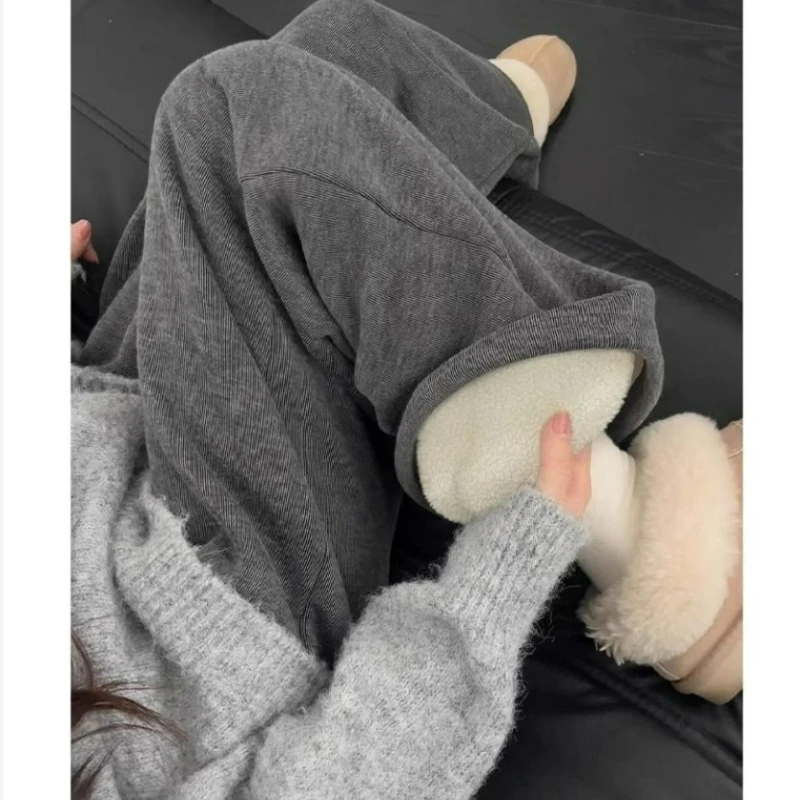 

Grey Glutinous Rice Pants for Women 2026 Autumn/Winter New Style Fashionable Fleece Thickened Straight-leg Casual Wide-leg Pants