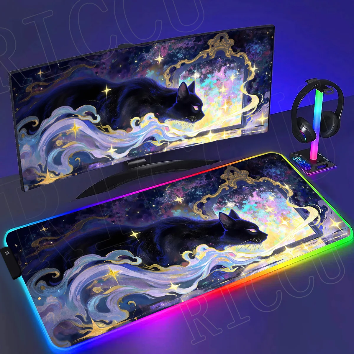 

RGB HD Kawaii Dreamy black cat LED Mouse Pad Cute Computer XXL Mause pads Company Desk mat 900X400mm Desk mats PC Accessories