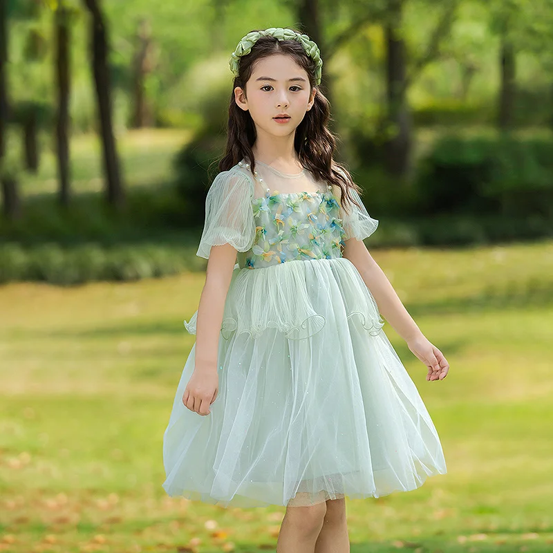 

Baby Girls Summer Short Sleeve Dresses Green Gauze Cute 4T 11yrs Kids Princess Wedding Birthday Party Dress Kawaii Girl Clothes