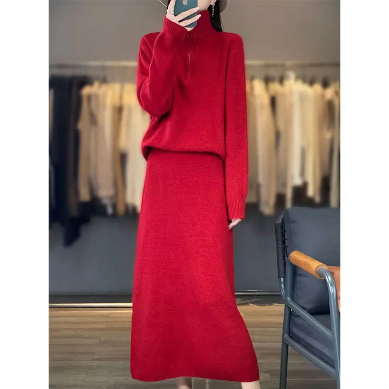 Autumn and Winter Korean Edition New Fashion Set Stand up Collar Zipper Sweater+Skirt Slimming Two Piece Set