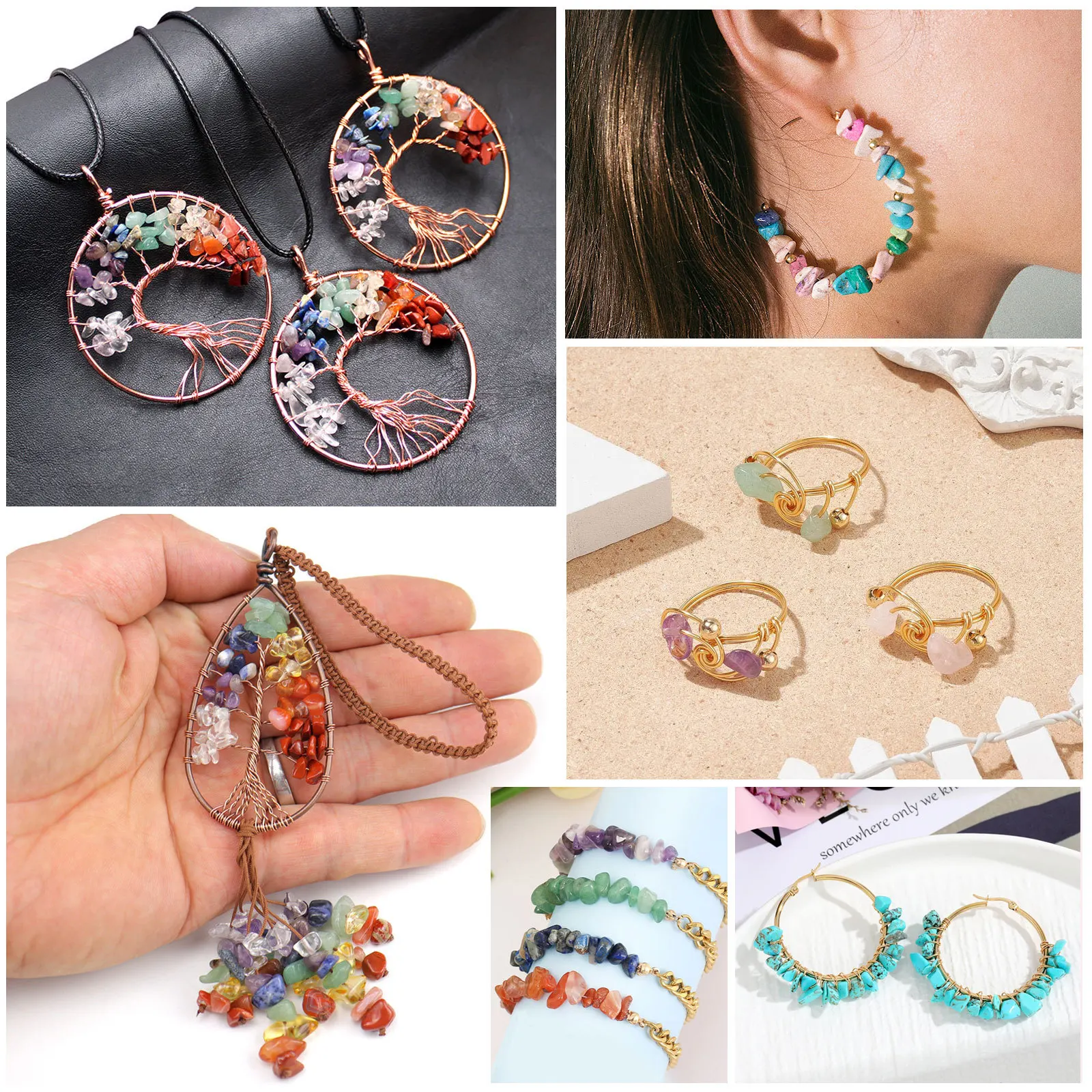 1 Box Natural Stones With Pre-Drilled Holes 2 Rolls Copper Wire For Diy Jewelry Making Craft Kit Bracelets Rings Earrings