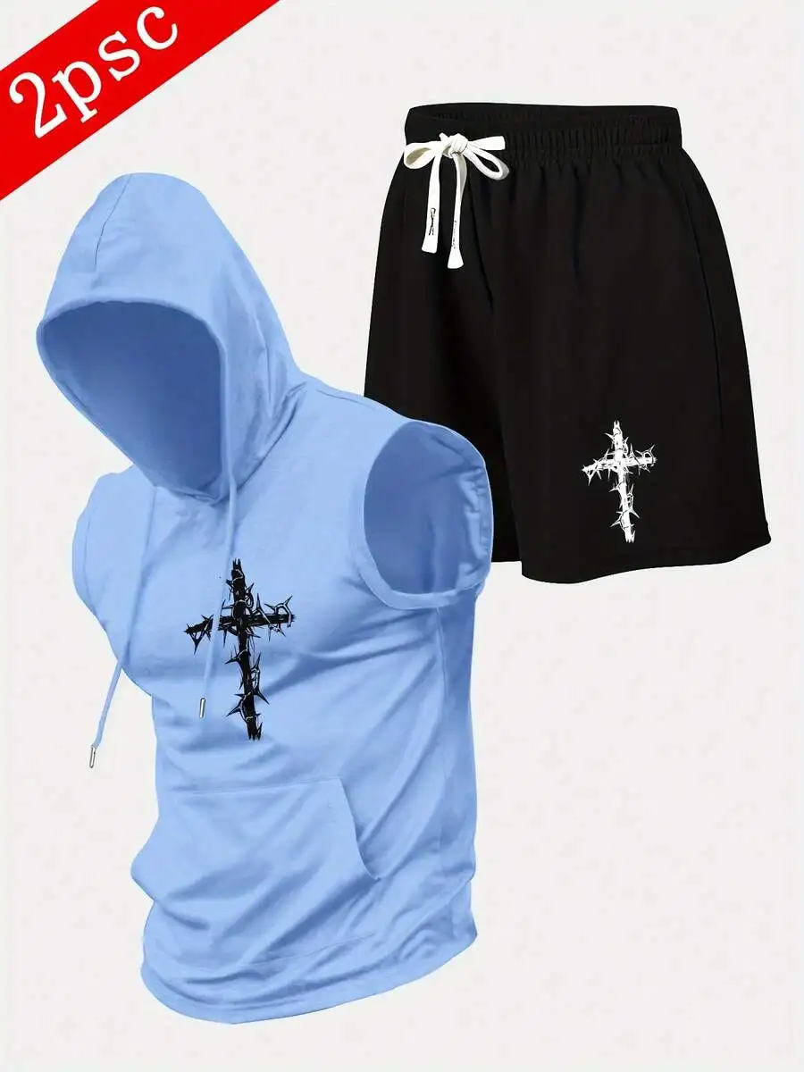 

Sleeveless Hooded Vest And Shorts Set With Thorn Cross Print For Men Summer Casual Gym Wear