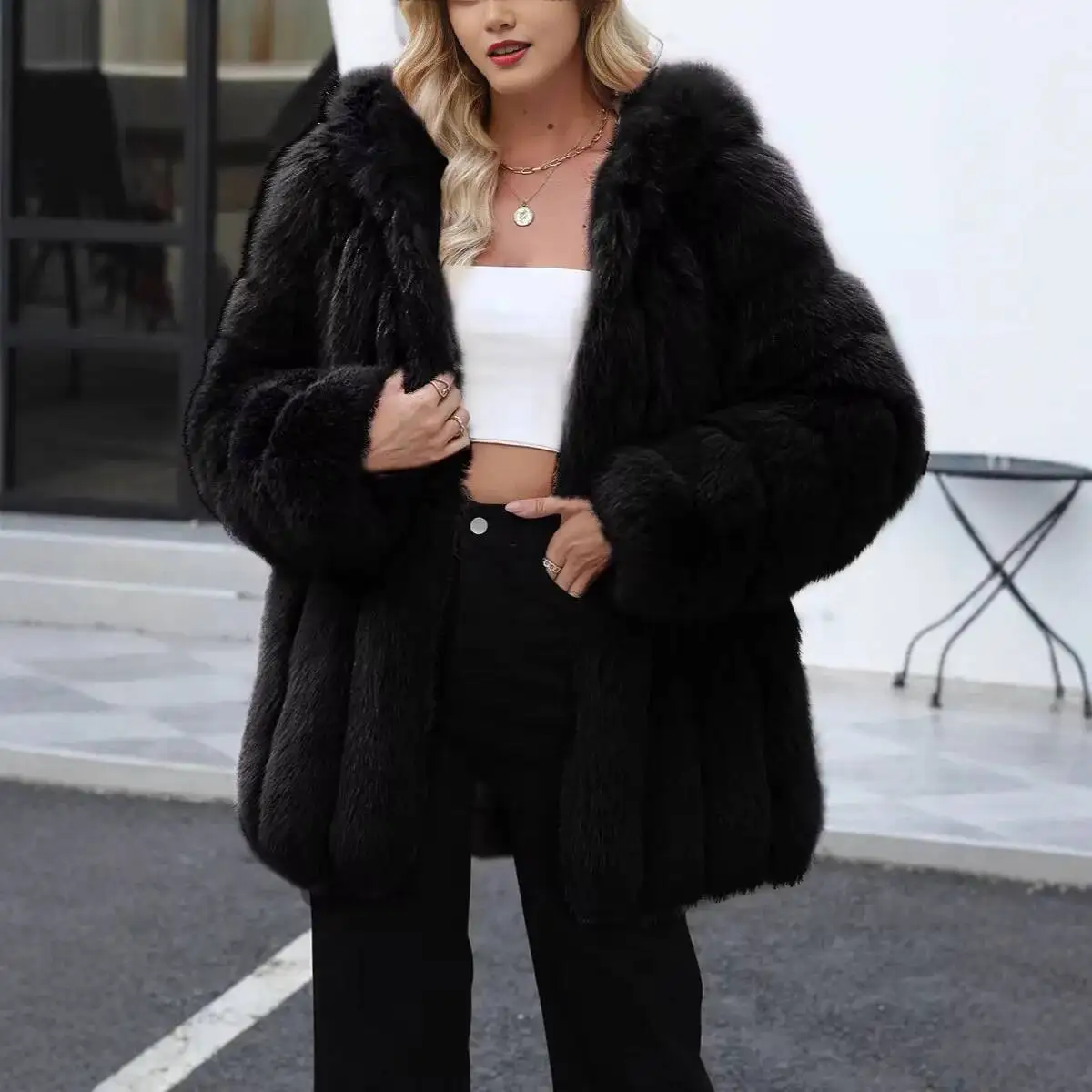 Faux Vos Jas Vrouwen Effen Jas Lange Mouw Kraagvorm Open Stitch Dikke Warme Bont Losse Casual 2026 Herfst Winter