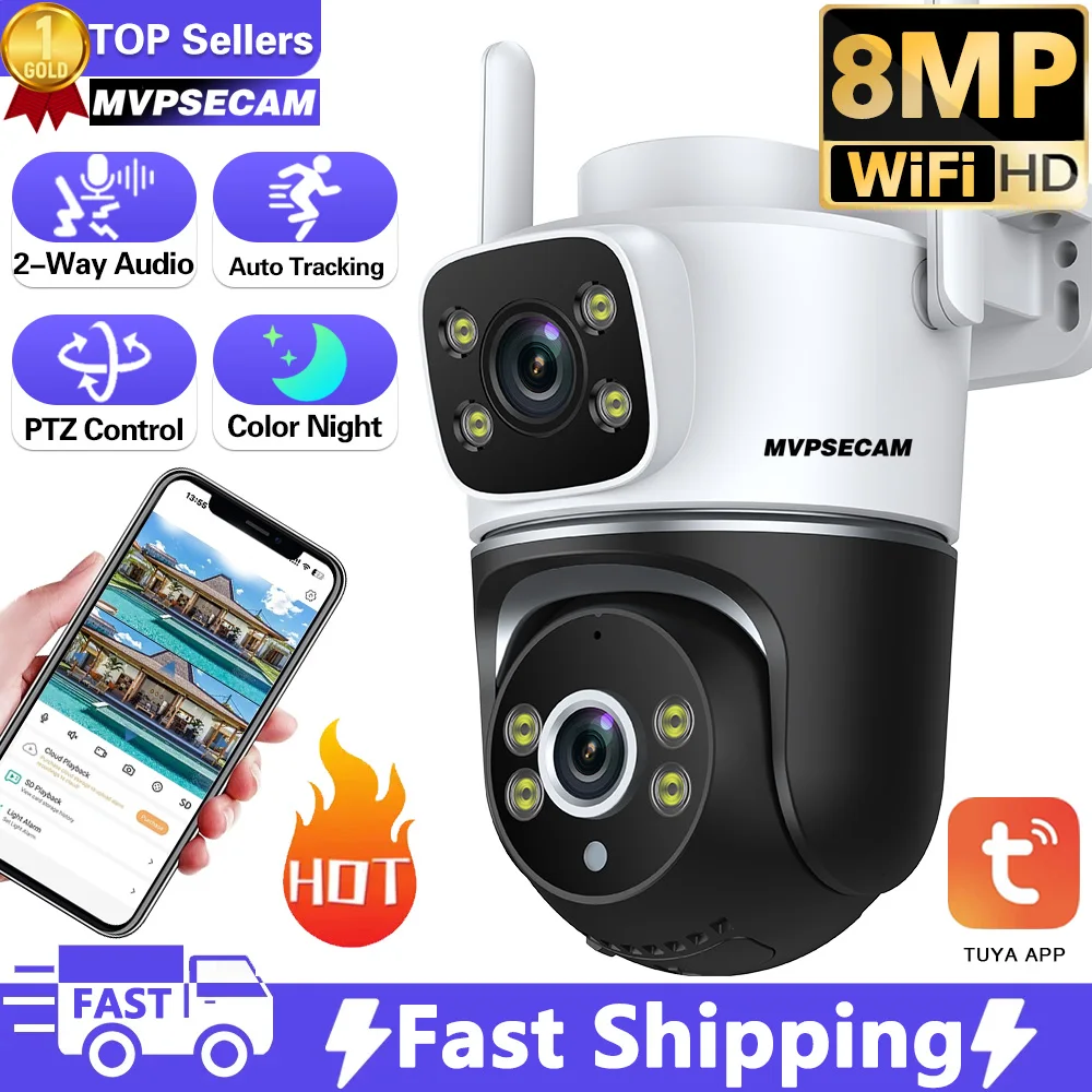 

4K 8MP Dual Lens PTZ WIFI Camera Full HD Dual Screen Ai Human Auto Tracking Outdoor 4MP Security Video Surveillance Camera Tuya