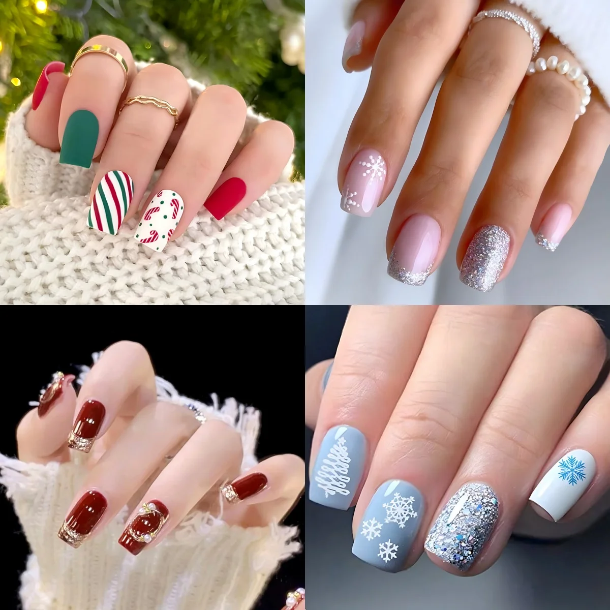 96pcs Almond Square Shape Holiday Design Acrylic Fake Nails Christmas Nail Tips Set with Jelly Glue Festive Street Style Gifts *