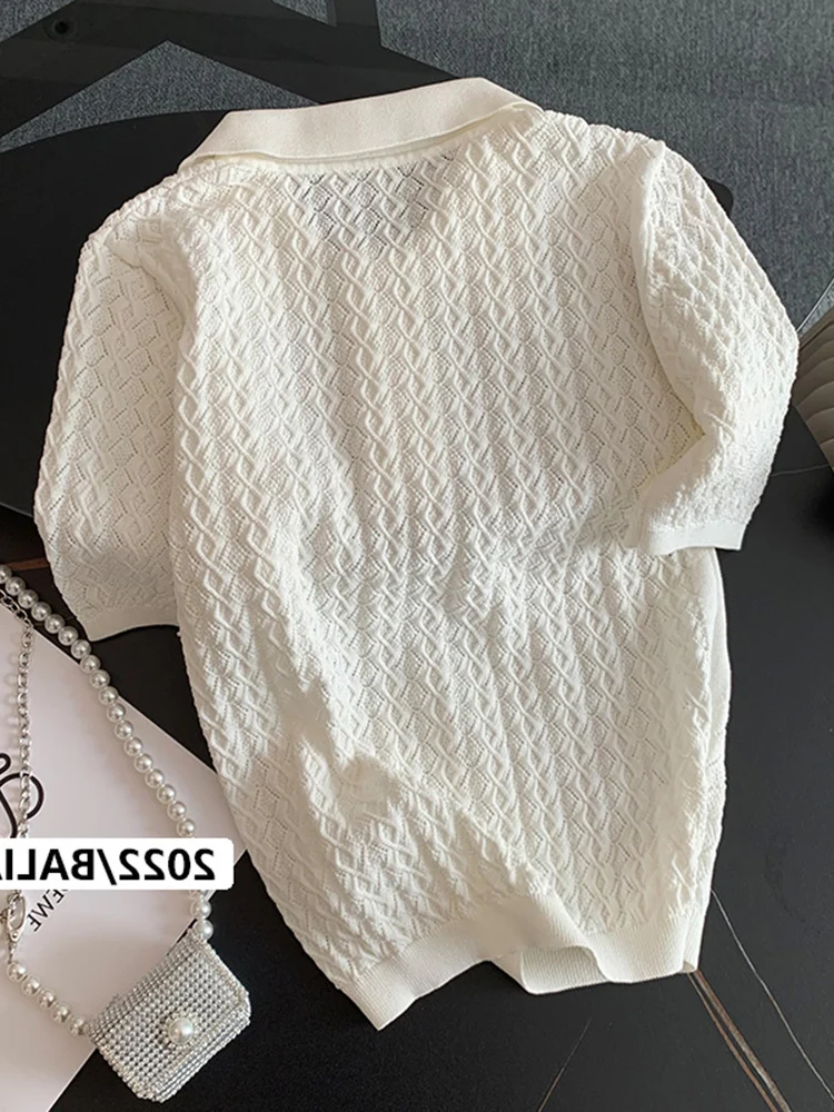 قسط الحرير الجليد ort Sve irt المرأة الصيف رقيقة مطرزة طوق الأبيض محبوك تي شيرت علوي الكورية Sle تخفيف