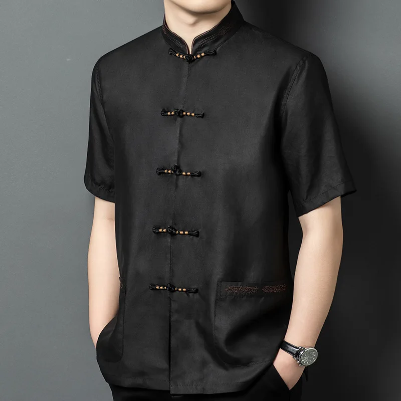 

High Quality Real Silk Men's Summer Short-Sleeved Suit Shirt Middle-Aged Loose Casual Chinese Style Thin