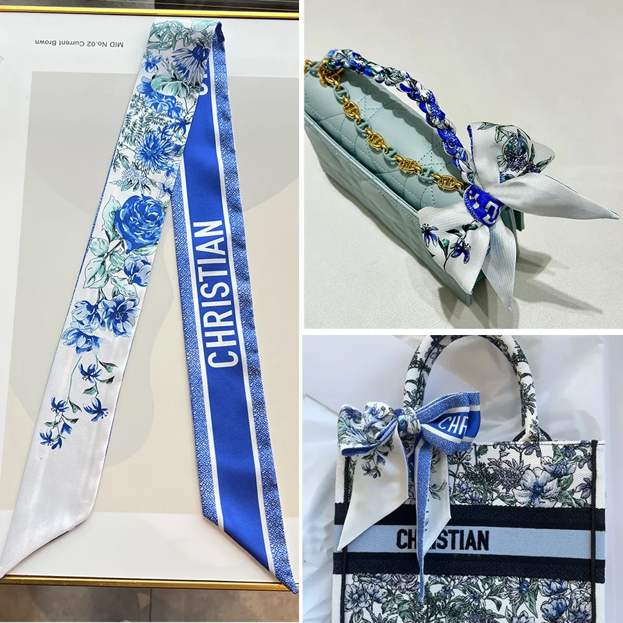 Novo lenço de seda longo floral-imitação de seda pequeno laço premium pescoço cachecol & hairband bolsa alça fita para mulher