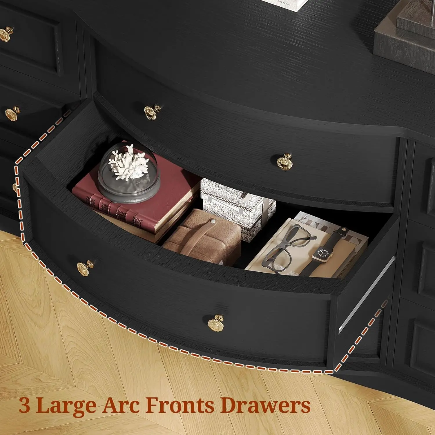 #￥9-Drawer Wide Dresser Arc Front Roman Column Bedroom Storage 55in Long, Customized view 5