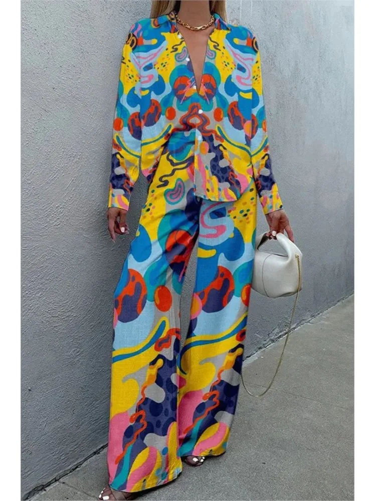 

3D Digital Printed Single Breasted Lapel Shirt Wide Leg Pants Set Fashionable Four Sided Elastic Long Sleeved Shirt Women