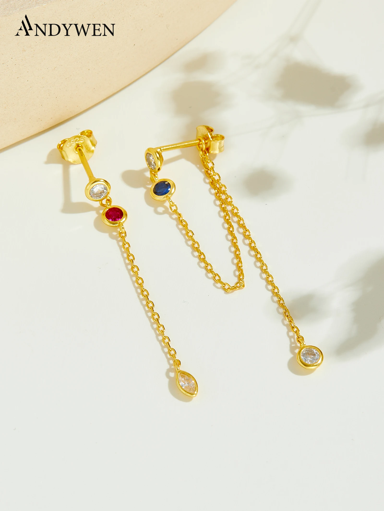 

Серьги-протяжки ANDYWEN из серебра 925 пробы с золотым покрытием, синими и белыми цирконами, с подвесной цепочкой, в подарочной коробке для женщин, элегантные, для вечернего образа