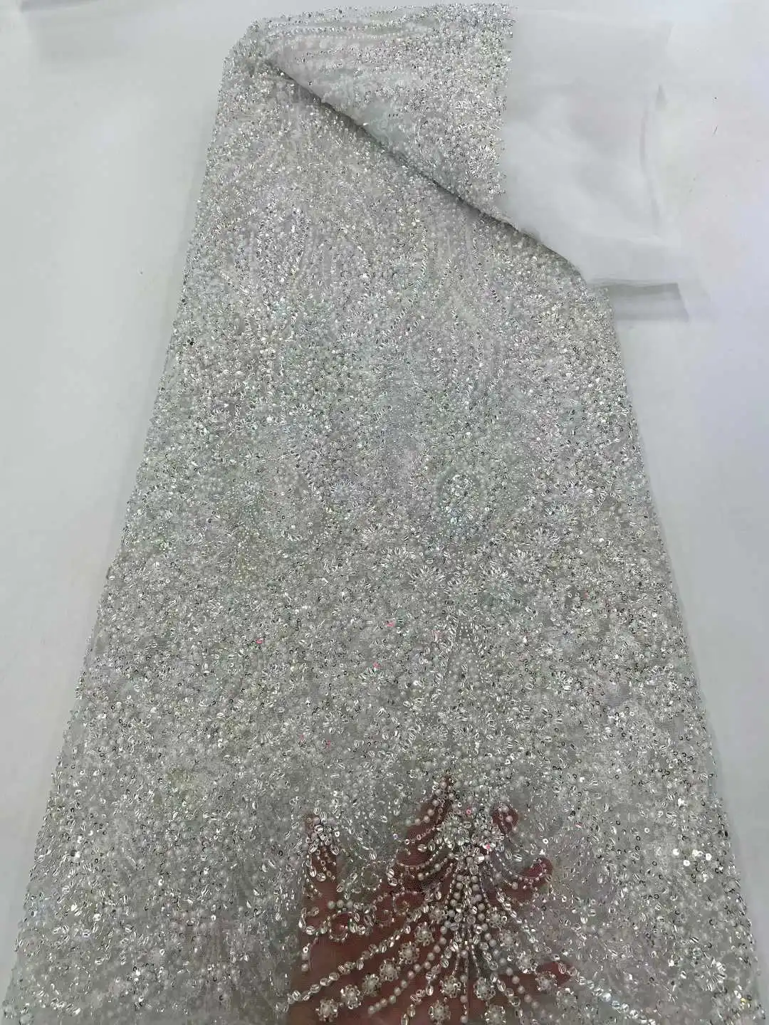 Luxury African Lace Fabric High Quality Sequins Beads Lace Fabrics For Nigerian Wedding French Tulle Lace Fabric