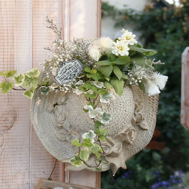 

Винтажный декоративный настенный плантатор из соломенной шляпы из смолы, кремово-белый с деталями роз, 12 x 30 см, декор для сада в французском стиле кантри