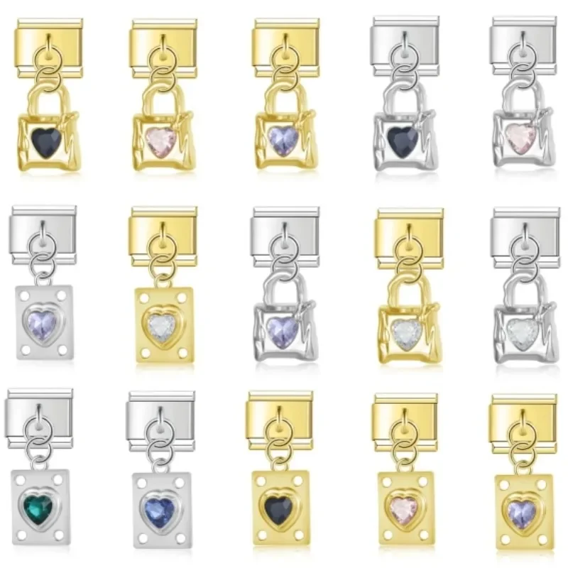 2025 Fashion Women Shiny CZ Gold Silver Lock Love Pendant Italian Charm Fit 9mm Stainless Steel Bracelet Wholesale Jewelry