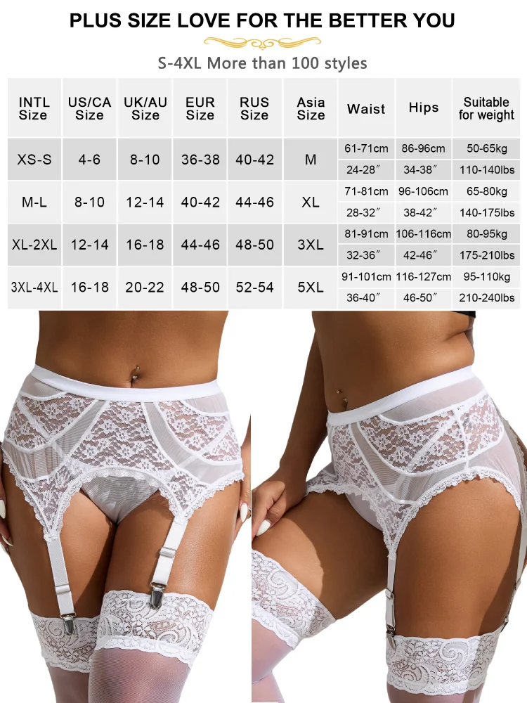 Comeondear Garter Belts for Stockings Sexy Lace Mesh Floral High Waist Lingerie Sets Transparent 5XL Plus Size Bridal Suspenders