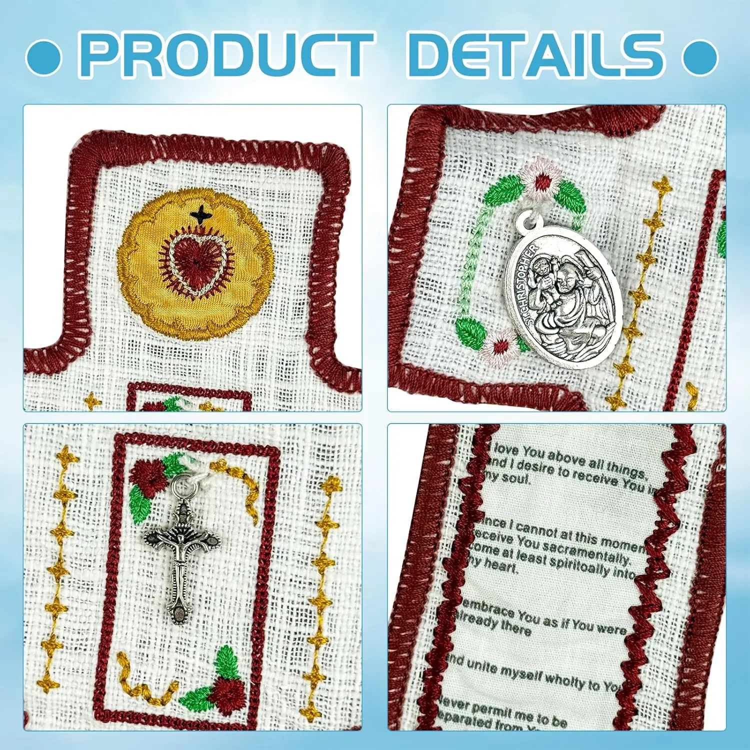 Christian Embroidered Cloth Scripture Prayer Quilt  with Religious Medals, Handmade Portable Catholic Devotional Rosary Pouch