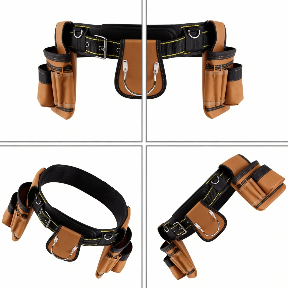 1200D Oxford Fabric Tool Belt Kit 4pcs with Hammer Holder and Dual Side Pouches Brown Work Belt for Waist 88 110cm