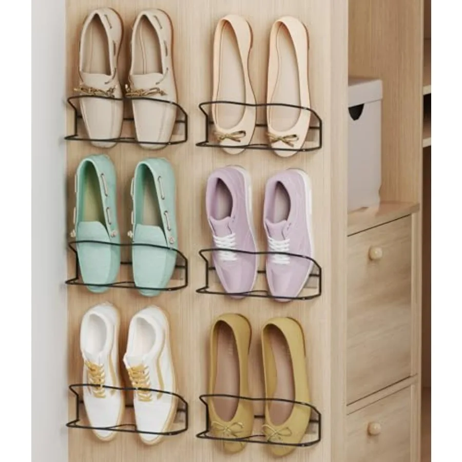 

Wall Mounted Shoe Rack 6PCS, with Sticky Hanging Strips, Metal Wall Shoe Storage, Hanging Shoe Organizer for Door/RV/Wall