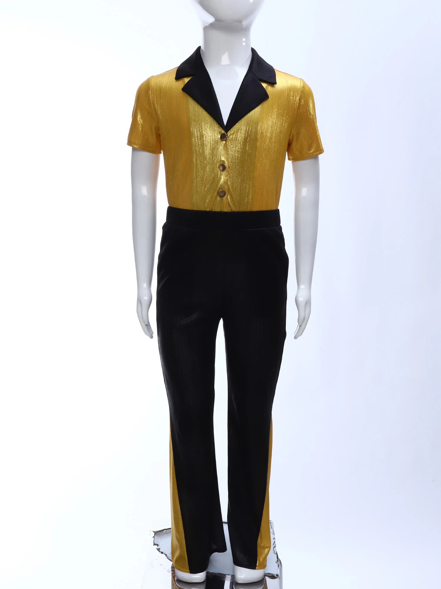 الأولاد 70s ديسكو حزب زي لمعان قصيرة الأكمام أزرار قميص أعلى مع السراويل مضيئة لأداء مرحلة رقص الجاز هالوين