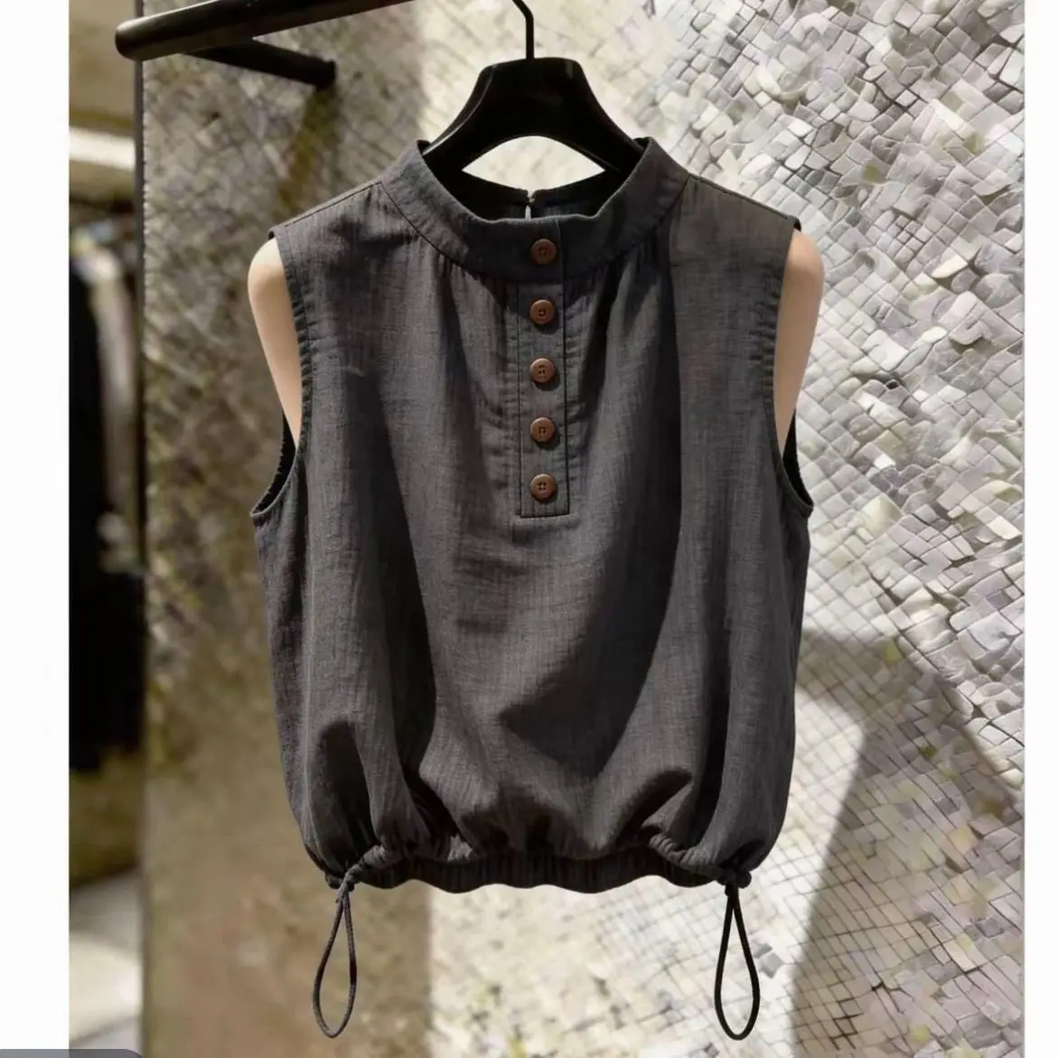 Korean Stand Up Collar Sleeveless Top With Drawstring Waist Cinching Short Vest