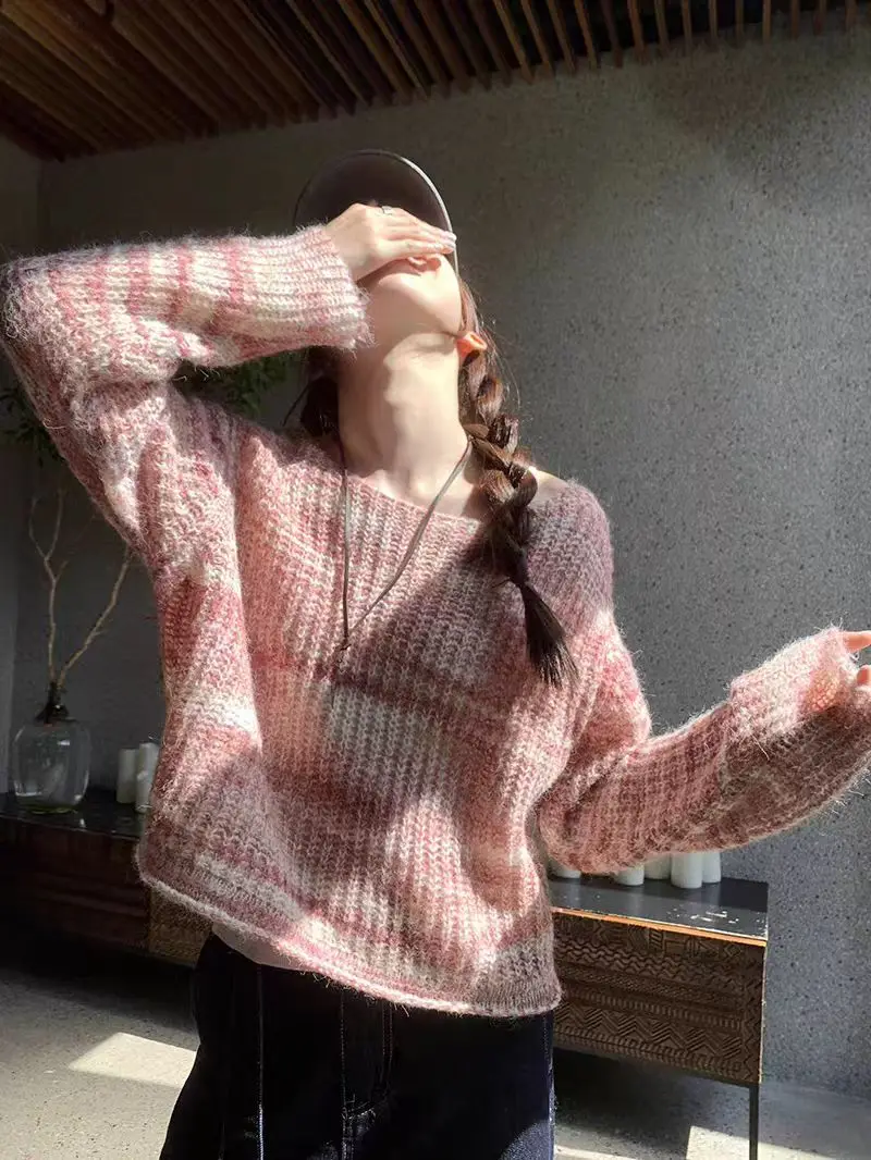 

Ретро корейский Sle круглый Ne Lazy Sle Мягкий уютный женский вязаный свитер, новый тонкий топ для ранней осени, свободный крой