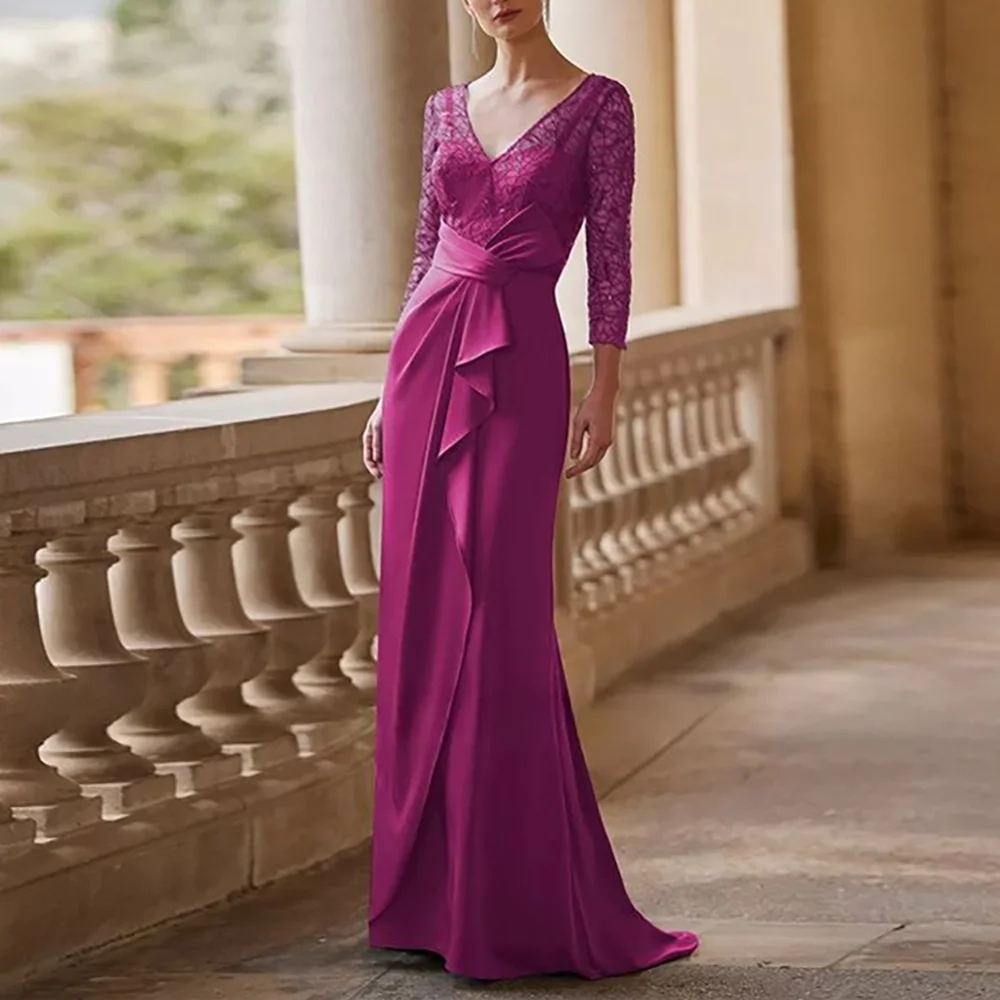 Robe de bal élégante en dentelle pour femmes, manches trois quarts, col en v, plissée, longueur au sol, style sirène, robe de soirée, Style moderne