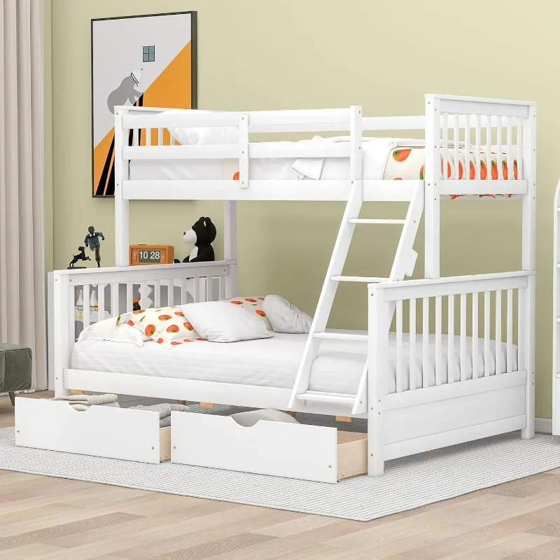 

Convertible Wood Bunk Bed with Ladders and Two Storage Drawers,Solid Wood Detachable Bunk Bed Frame