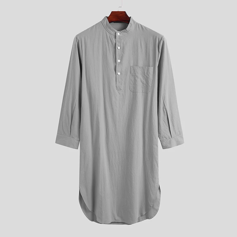 Men\'s Cotton Button-down Sleep Robe Solid Color Stand Neck Long Sleeve Nightgown Fashion Comfortable Home Wear Loose Bathrobe