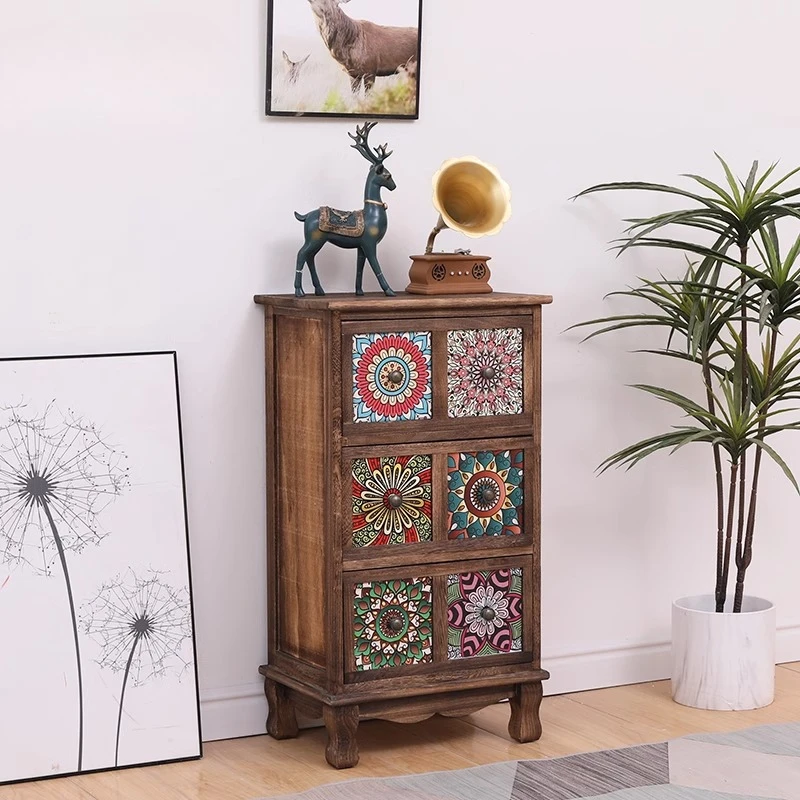 ‌Vintage Solid Wood Dresser, Hand-Painted Storage Chest, 5-Tier Living Room Cabinet, Extra Deep Nightstand with Drawers