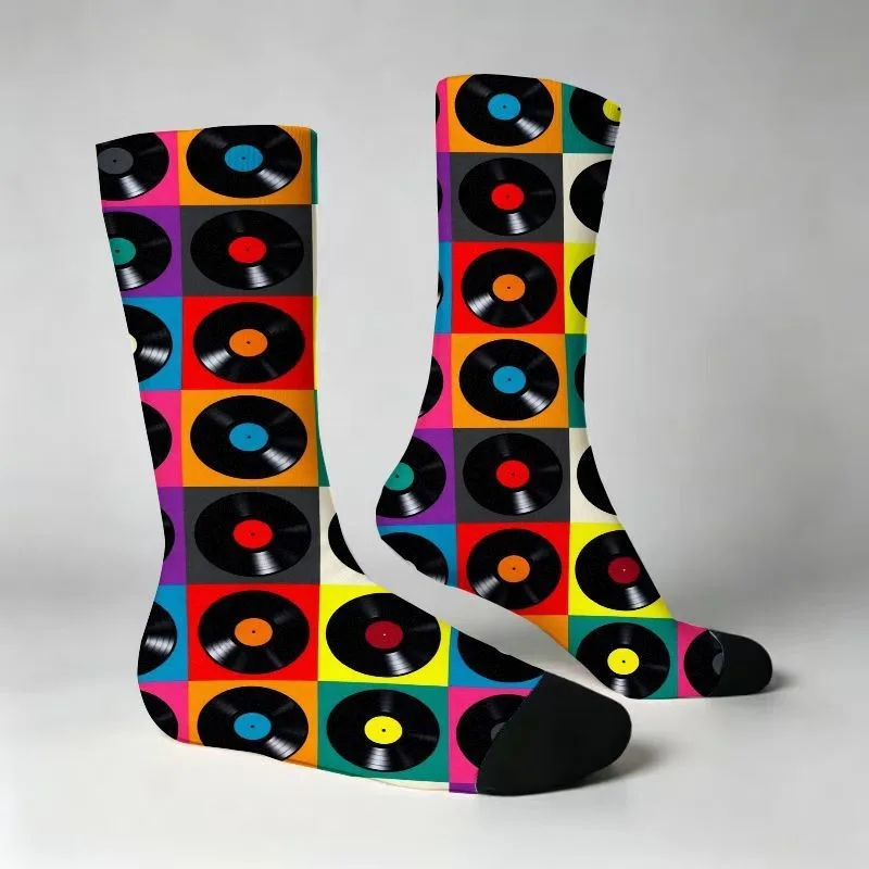 Retro Vinyl Record Print Socks Pop Art Knee-High Socks for Men Women Casual Wear Themed Parties