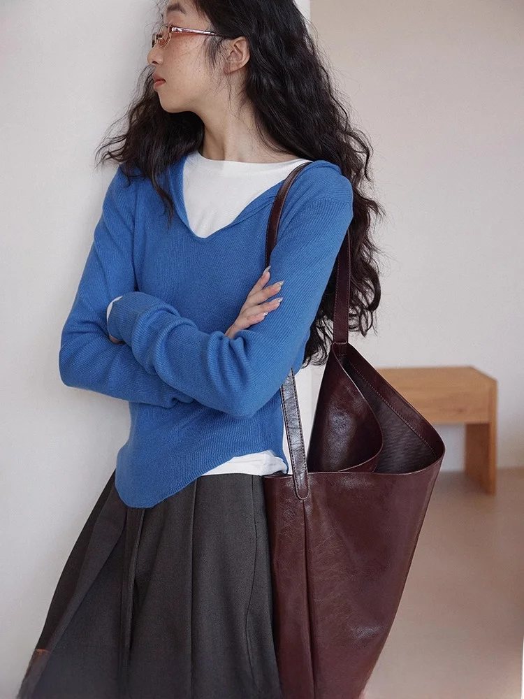 

hine Waable Wool V-Ne Hooded Knitwear Design Sensation Small ence Overhead Sweater Women Arc Swing Loose Fit