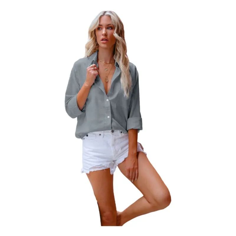 D.Nale K Zomer Revers Lange Mouwen Vrouwen Button Up Vintage Solid Shirt Damesmode Pocket Slim-fit tops Vrouw Blouses