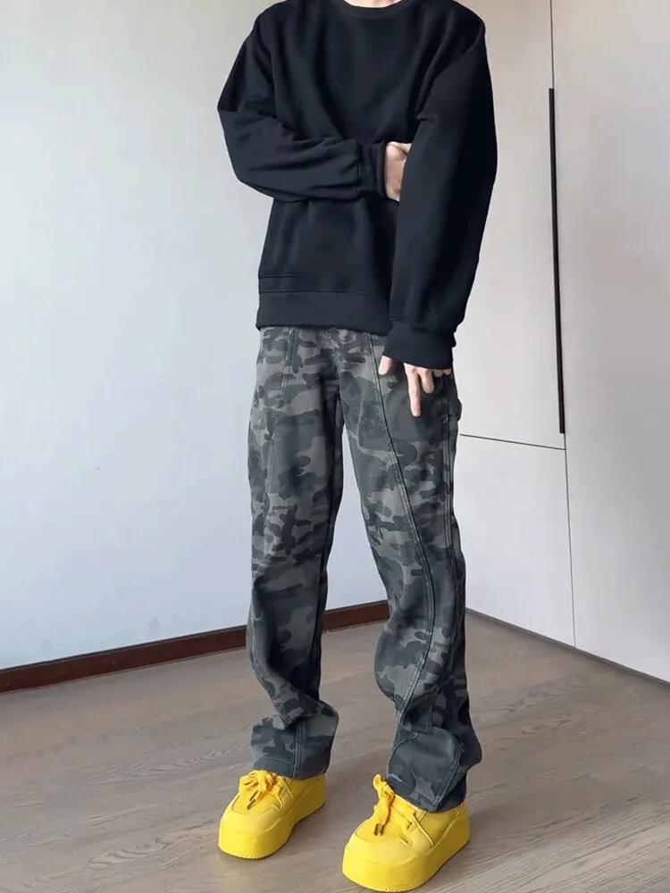

Deconstructed Camouflage Denim Work Trousers Straight Leg Bell Bot for Men And Women Slimming Spring Vintage Sle