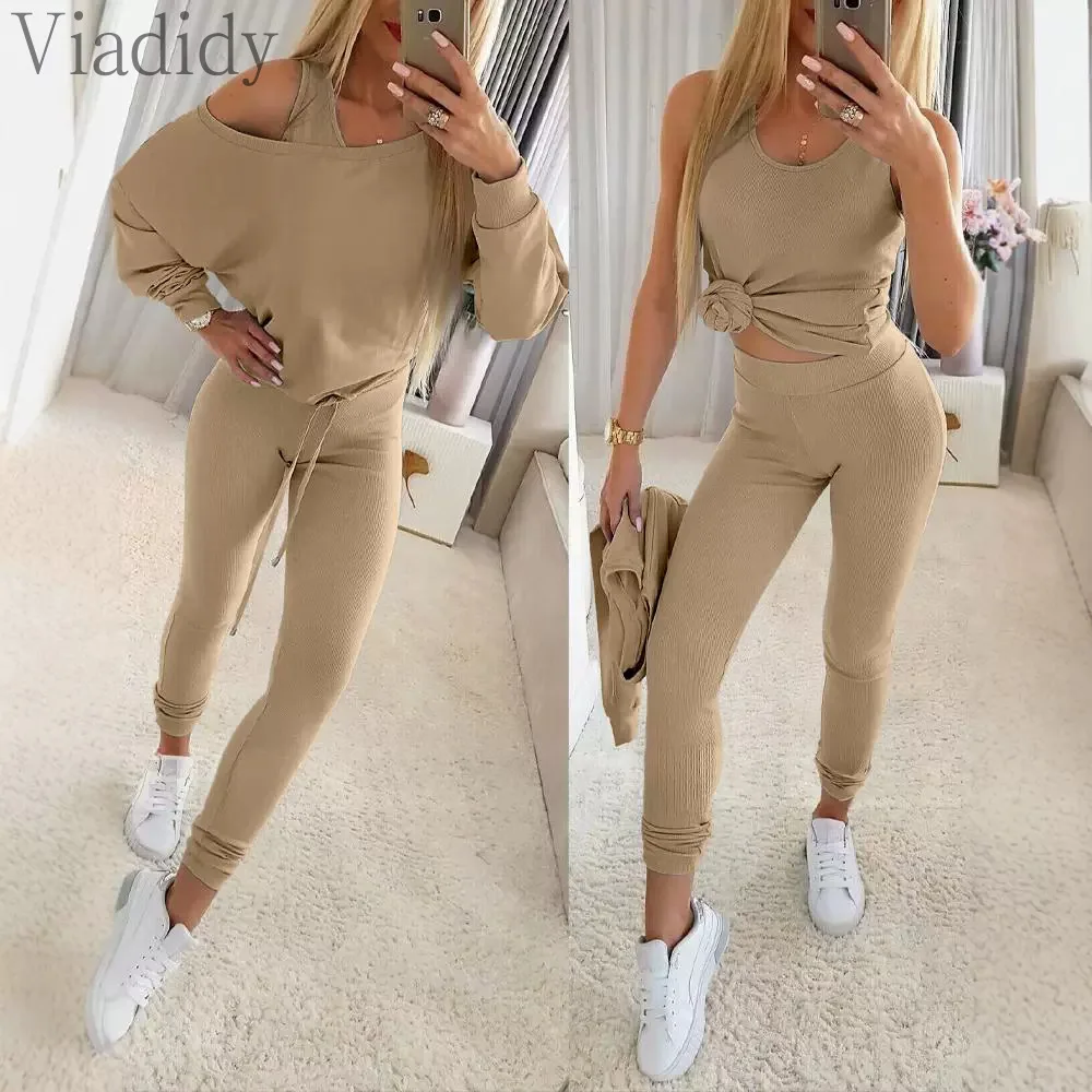 Women Casual Solid Color Long Sleeve Round Neck Pullover Top and High Waist Pencil Pants with Camisole Top 3pcs Set