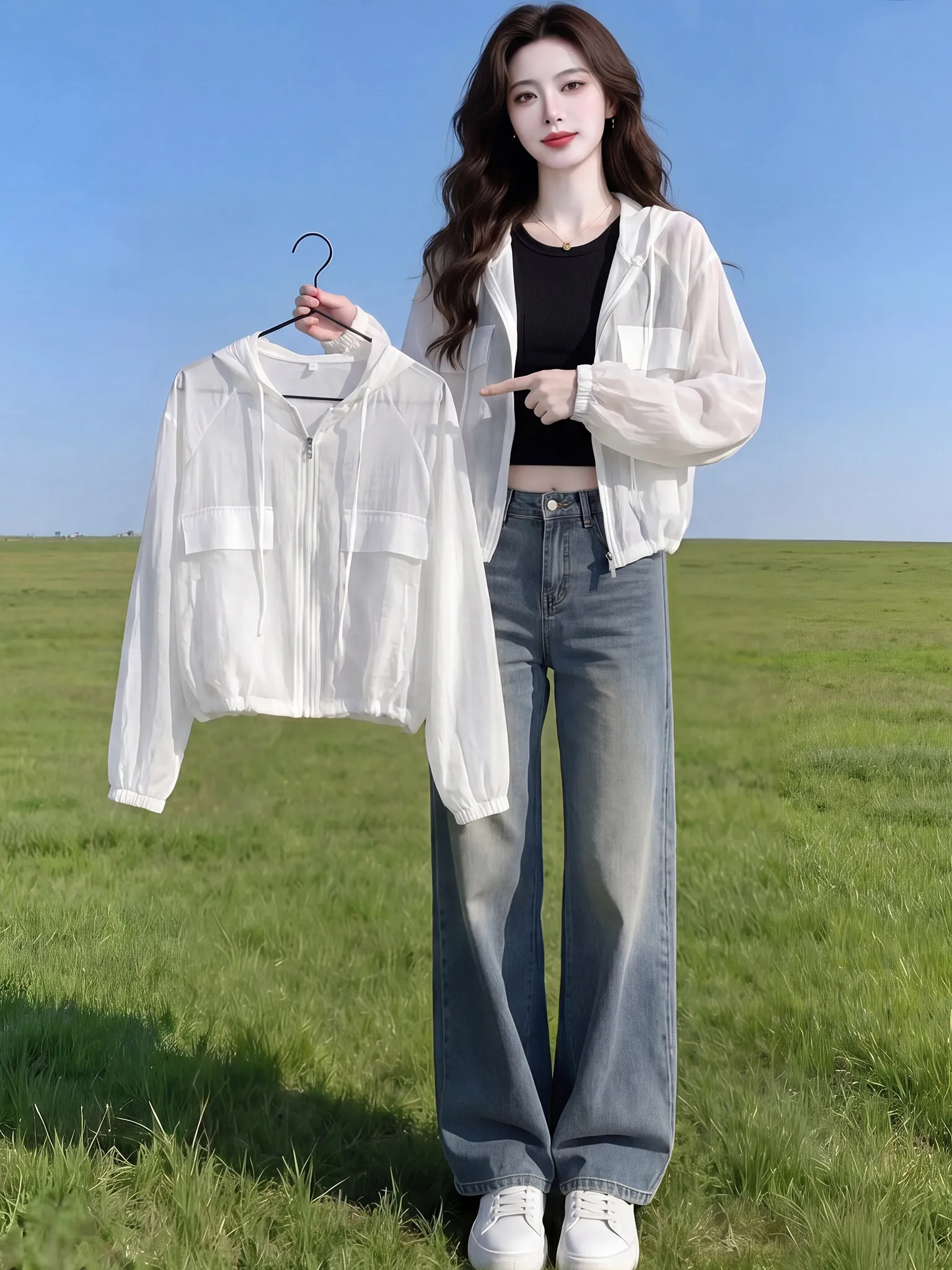 

Summer Fashionable Women's Loose Sun Protection Outerwear Stylish Zipper Short Coat Commute Style Pear Body Type Daily Wear
