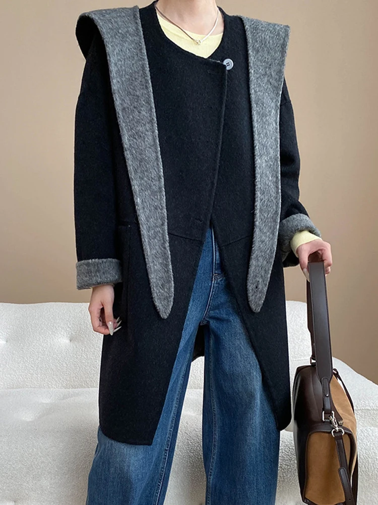 YERMORA invierno nuevo gris Detachable capucha diseño abrigo de lana para mujeres cuello redondo manga larga suelta nuevo abrigo moda marea otoño