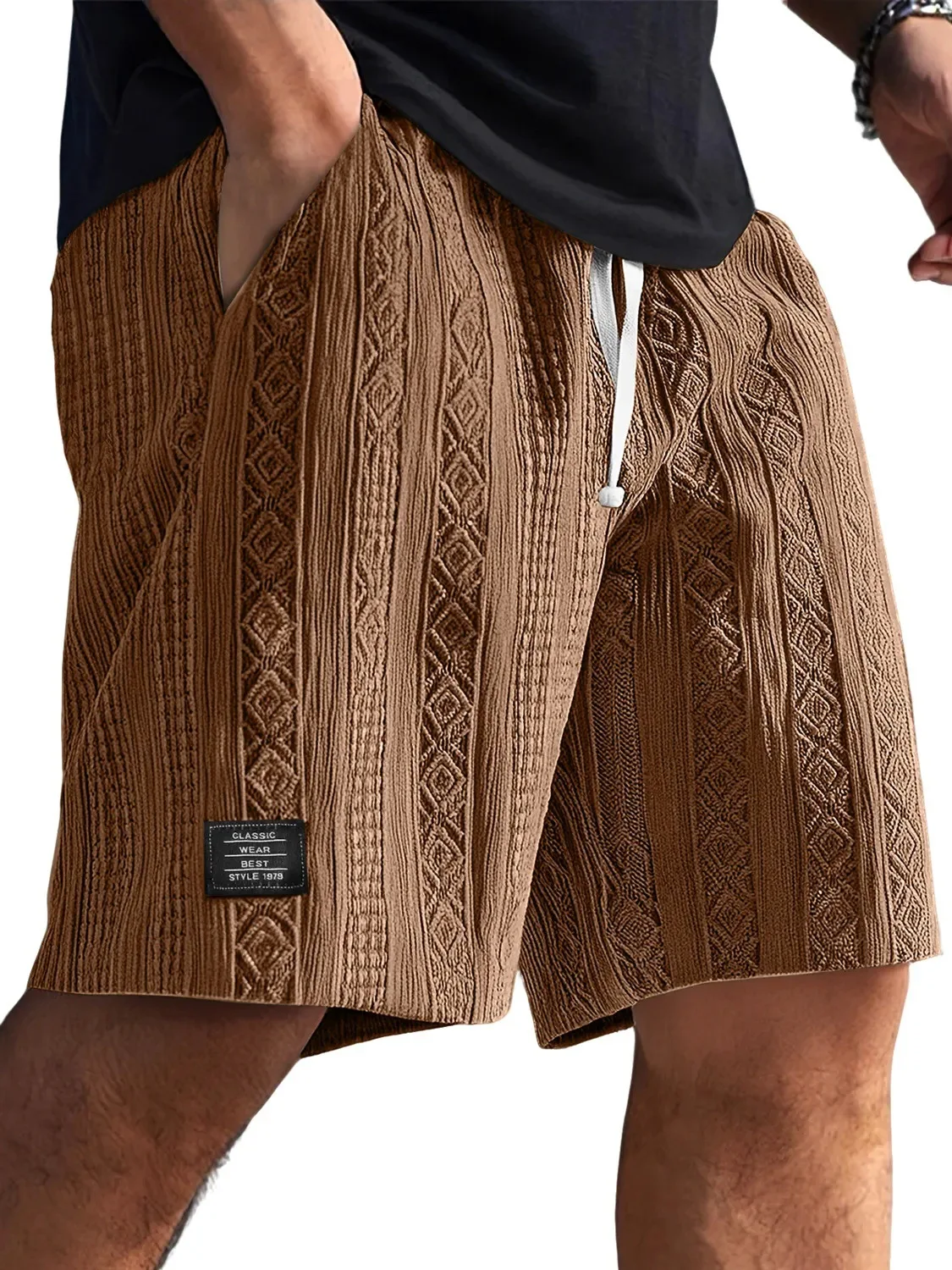 Men's Jacquard Textured Casual Shorts Elastic Drawstring Waist Loose Straight Leg Knee Length Beach Shorts 2026 Summer Sweatpant